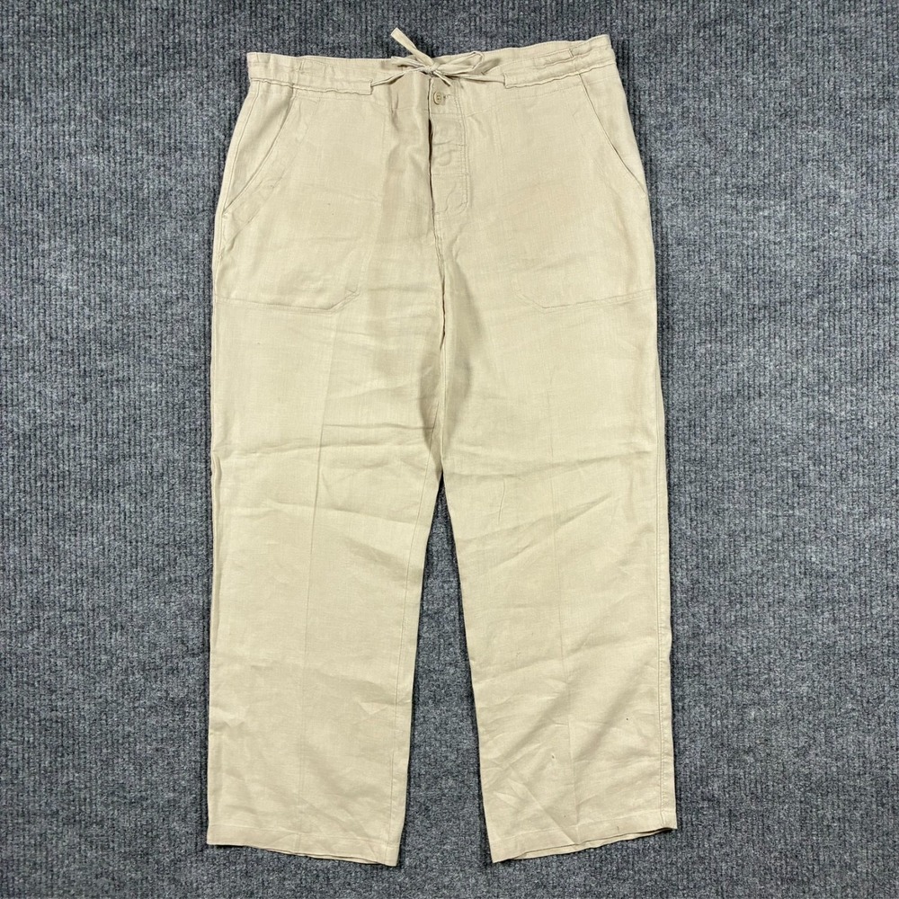 Toscano Womens Pants Size Medium Beige Drawstring Waist 100% Linen‎ High Rise
